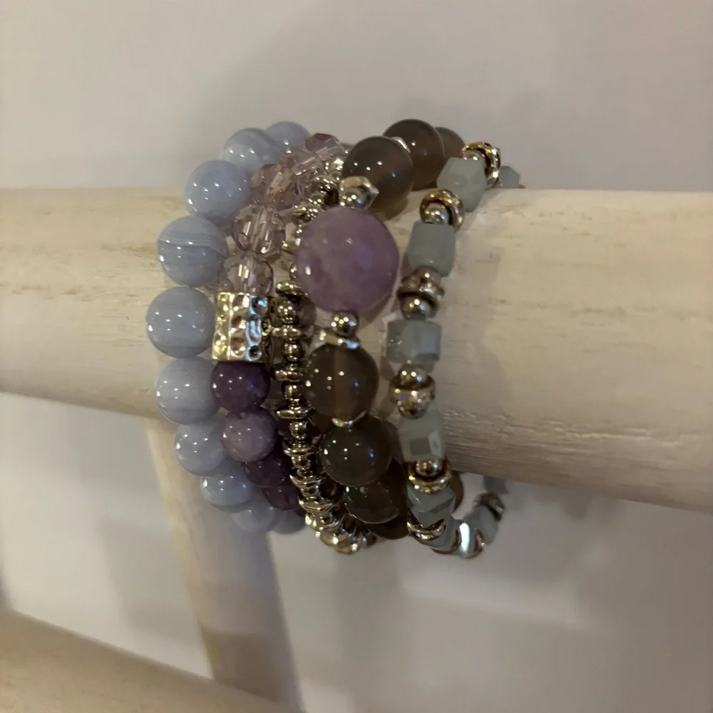 Handmade Gemstone Bracelet Stack Set of 5 NWT Chalcedony Amethyst Agate
